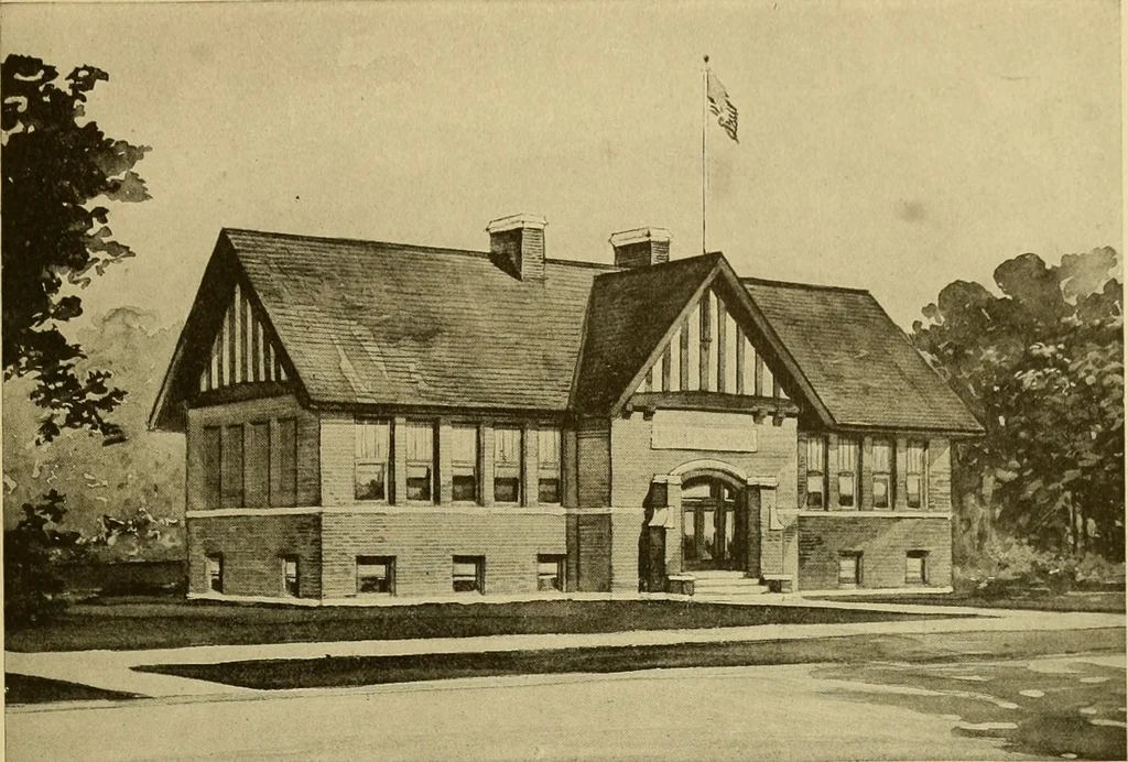 An illustration from Radford's brick houses and how to build them : a standard collection of new, original, and artistic designs for brick houses, apartments, stores and flats, garages, etc. ; together with complete instruction in the manufacture of brick and its practical uses as a building material selected and compiled by William A. Radford ... Every plan designed and executed by a corps of licensed architects of the highest professional standing, assisted by a staff of expert draftsmen. Over 300 designs and details., 1912, leaf 214