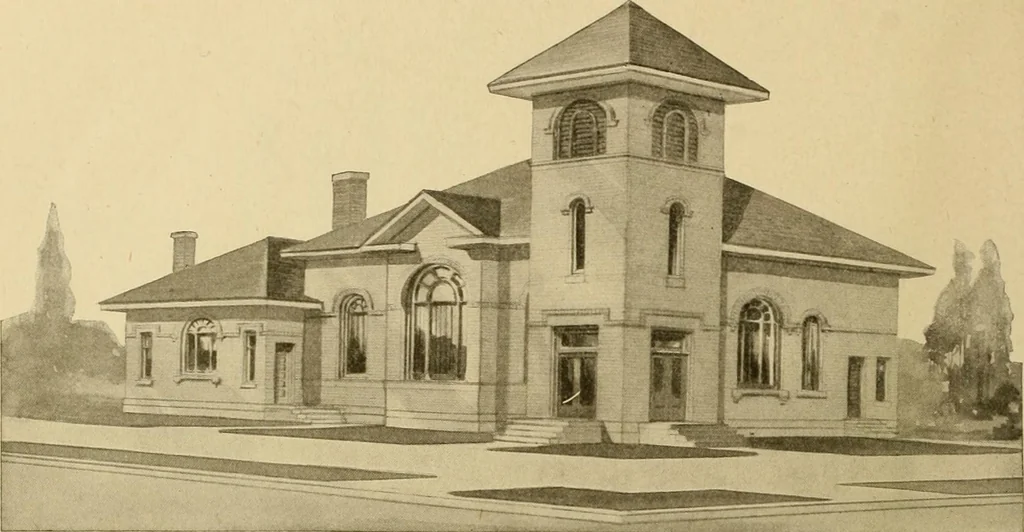 An illustration from Radford's brick houses and how to build them : a standard collection of new, original, and artistic designs for brick houses, apartments, stores and flats, garages, etc. ; together with complete instruction in the manufacture of brick and its practical uses as a building material selected and compiled by William A. Radford ... Every plan designed and executed by a corps of licensed architects of the highest professional standing, assisted by a staff of expert draftsmen. Over 300 designs and details., 1912, leaf 217