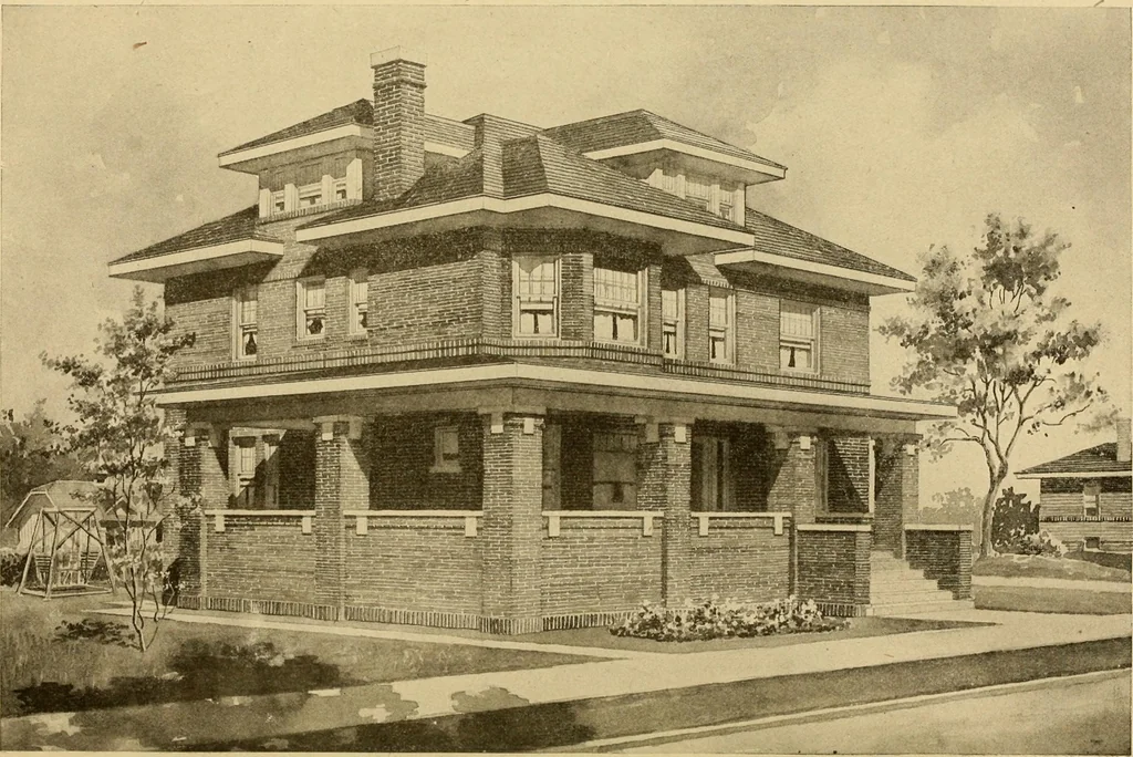 An illustration from Radford's brick houses and how to build them : a standard collection of new, original, and artistic designs for brick houses, apartments, stores and flats, garages, etc. ; together with complete instruction in the manufacture of brick and its practical uses as a building material selected and compiled by William A. Radford ... Every plan designed and executed by a corps of licensed architects of the highest professional standing, assisted by a staff of expert draftsmen. Over 300 designs and details., 1912, leaf 5