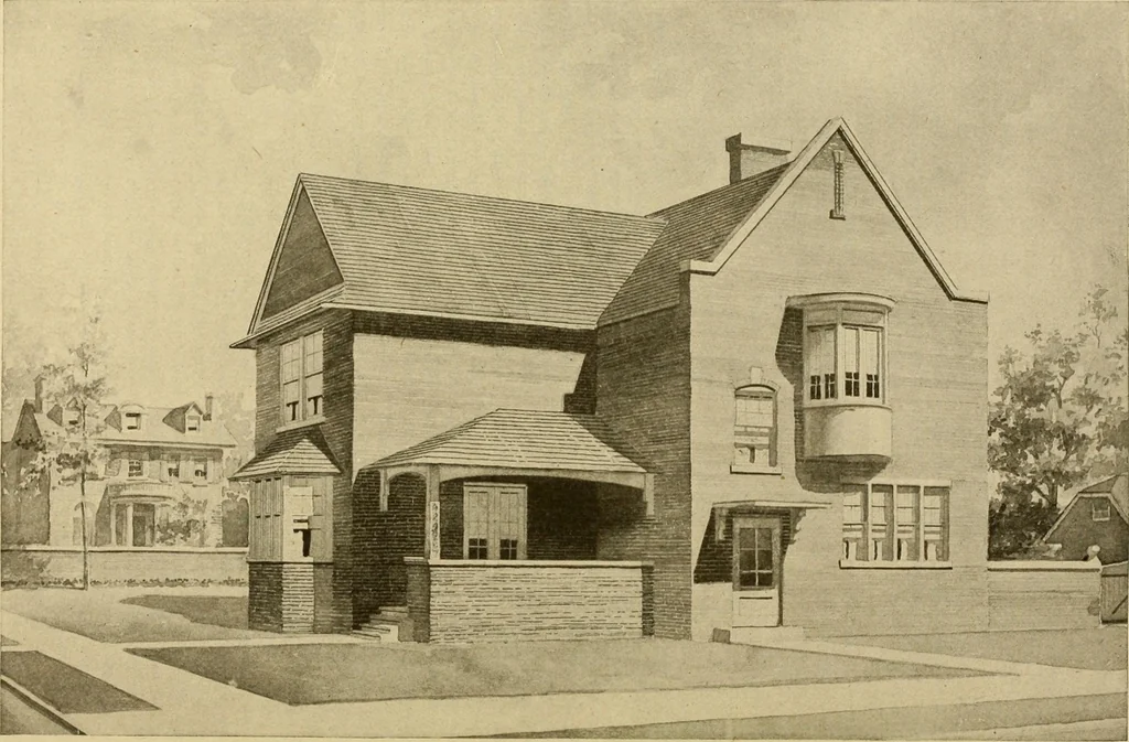 An illustration from Radford's brick houses and how to build them : a standard collection of new, original, and artistic designs for brick houses, apartments, stores and flats, garages, etc. ; together with complete instruction in the manufacture of brick and its practical uses as a building material selected and compiled by William A. Radford ... Every plan designed and executed by a corps of licensed architects of the highest professional standing, assisted by a staff of expert draftsmen. Over 300 designs and details., 1912, leaf 57