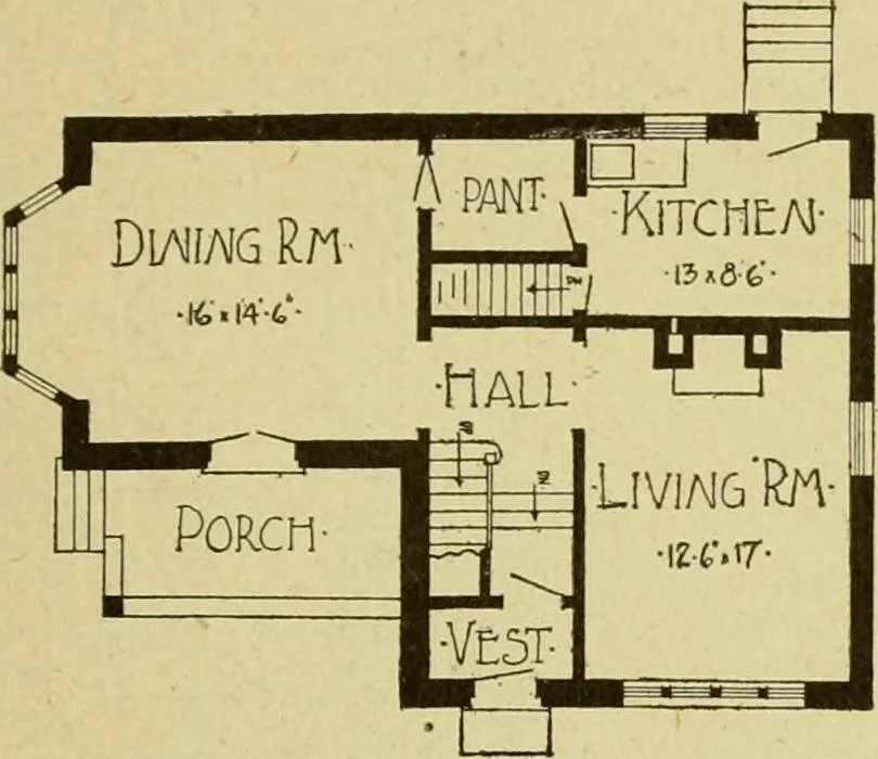 An illustration from Radford's brick houses and how to build them : a standard collection of new, original, and artistic designs for brick houses, apartments, stores and flats, garages, etc. ; together with complete instruction in the manufacture of brick and its practical uses as a building material selected and compiled by William A. Radford ... Every plan designed and executed by a corps of licensed architects of the highest professional standing, assisted by a staff of expert draftsmen. Over 300 designs and details., 1912, leaf 58