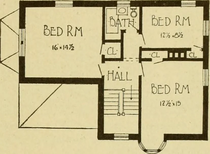 An illustration from Radford's brick houses and how to build them : a standard collection of new, original, and artistic designs for brick houses, apartments, stores and flats, garages, etc. ; together with complete instruction in the manufacture of brick and its practical uses as a building material selected and compiled by William A. Radford ... Every plan designed and executed by a corps of licensed architects of the highest professional standing, assisted by a staff of expert draftsmen. Over 300 designs and details., 1912, leaf 58