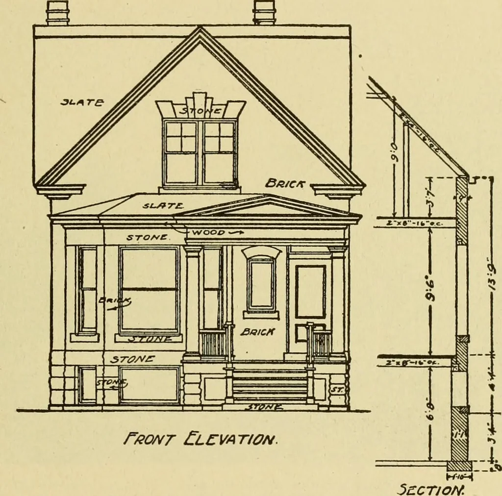 An illustration from Radford's brick houses and how to build them : a standard collection of new, original, and artistic designs for brick houses, apartments, stores and flats, garages, etc. ; together with complete instruction in the manufacture of brick and its practical uses as a building material selected and compiled by William A. Radford ... Every plan designed and executed by a corps of licensed architects of the highest professional standing, assisted by a staff of expert draftsmen. Over 300 designs and details., 1912, leaf 68