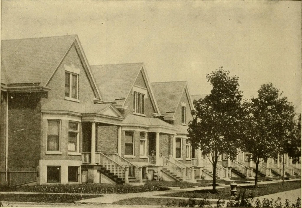 An illustration from Radford's brick houses and how to build them : a standard collection of new, original, and artistic designs for brick houses, apartments, stores and flats, garages, etc. ; together with complete instruction in the manufacture of brick and its practical uses as a building material selected and compiled by William A. Radford ... Every plan designed and executed by a corps of licensed architects of the highest professional standing, assisted by a staff of expert draftsmen. Over 300 designs and details., 1912, leaf 69