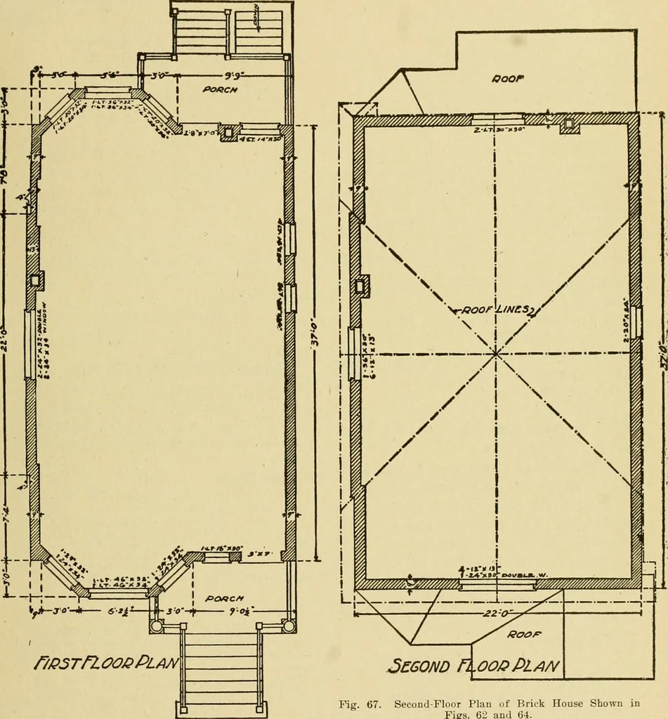 An illustration from Radford's brick houses and how to build them : a standard collection of new, original, and artistic designs for brick houses, apartments, stores and flats, garages, etc. ; together with complete instruction in the manufacture of brick and its practical uses as a building material selected and compiled by William A. Radford ... Every plan designed and executed by a corps of licensed architects of the highest professional standing, assisted by a staff of expert draftsmen. Over 300 designs and details., 1912, leaf 72