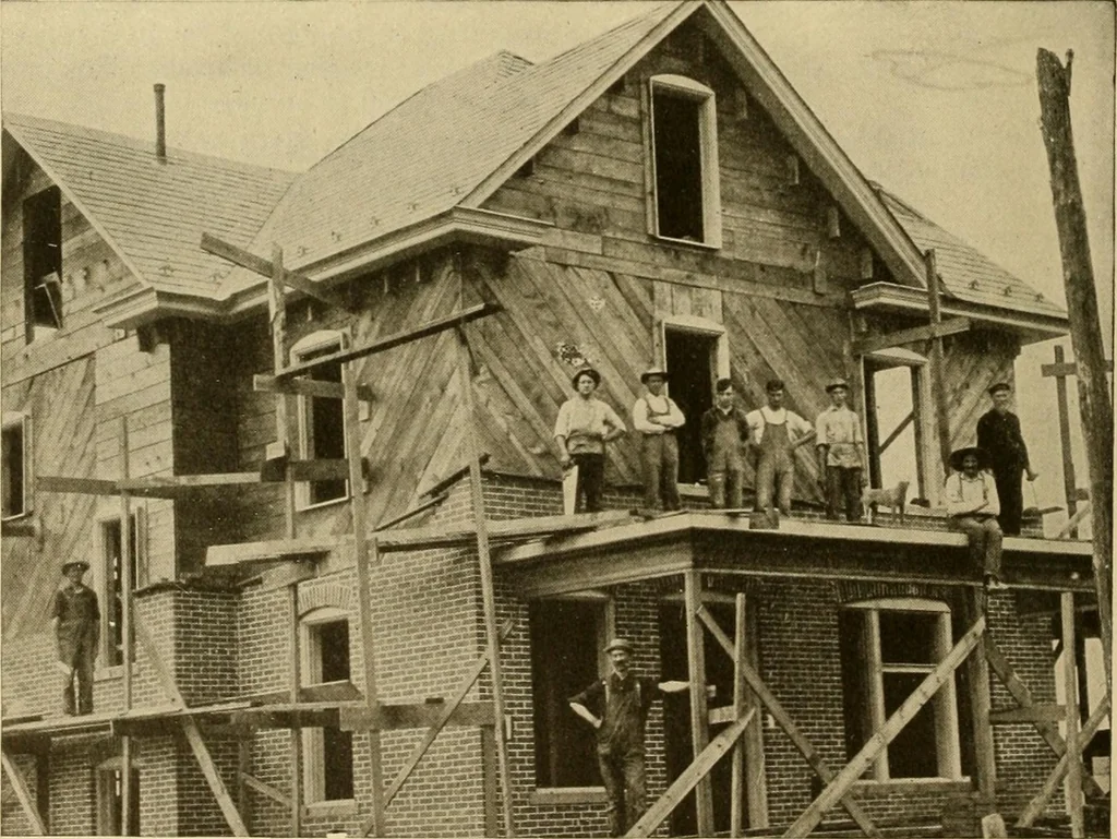 An illustration from Radford's brick houses and how to build them : a standard collection of new, original, and artistic designs for brick houses, apartments, stores and flats, garages, etc. ; together with complete instruction in the manufacture of brick and its practical uses as a building material selected and compiled by William A. Radford ... Every plan designed and executed by a corps of licensed architects of the highest professional standing, assisted by a staff of expert draftsmen. Over 300 designs and details., 1912, leaf 77