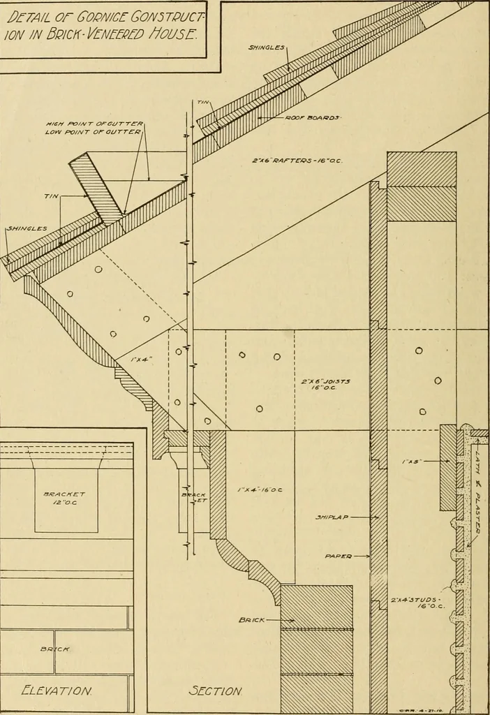 An illustration from Radford's brick houses and how to build them : a standard collection of new, original, and artistic designs for brick houses, apartments, stores and flats, garages, etc. ; together with complete instruction in the manufacture of brick and its practical uses as a building material selected and compiled by William A. Radford ... Every plan designed and executed by a corps of licensed architects of the highest professional standing, assisted by a staff of expert draftsmen. Over 300 designs and details., 1912, leaf 83