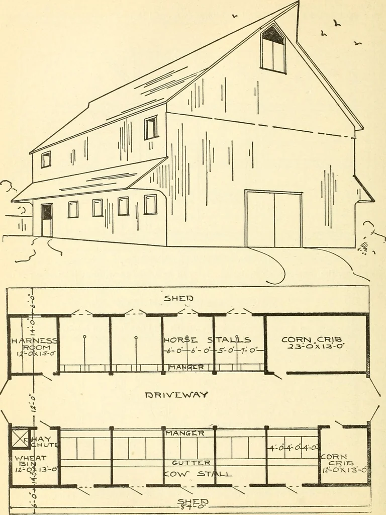 An illustration from Radford's combined house and barn plan book, 1908, leaf 197