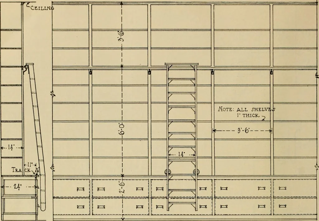 An illustration from Radford’s portfolio of details of building construction; a remarkable and unique collection of full-page plates, accurately drawn and reproduced to exact scale. Complete details for every style of interior trim, including special built-in features., 1911, leaf 105