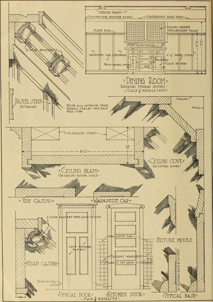 An illustration from Radford’s portfolio of details of building construction; a remarkable and unique collection of full-page plates, accurately drawn and reproduced to exact scale. Complete details for every style of interior trim, including special built-in features., 1911, leaf 107