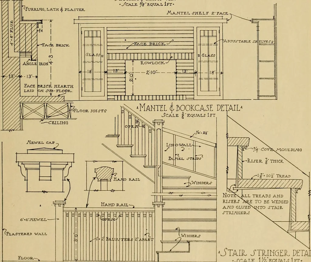 An illustration from Radford’s portfolio of details of building construction; a remarkable and unique collection of full-page plates, accurately drawn and reproduced to exact scale. Complete details for every style of interior trim, including special built-in features., 1911, leaf 108