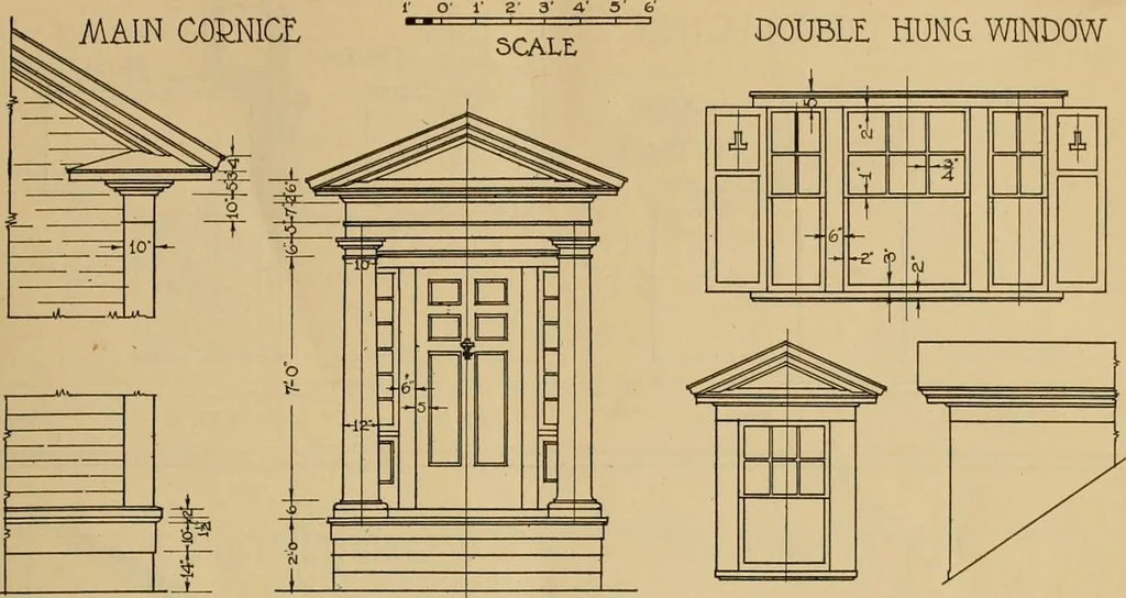 An illustration from Radford’s portfolio of details of building construction; a remarkable and unique collection of full-page plates, accurately drawn and reproduced to exact scale. Complete details for every style of interior trim, including special built-in features., 1911, leaf 12
