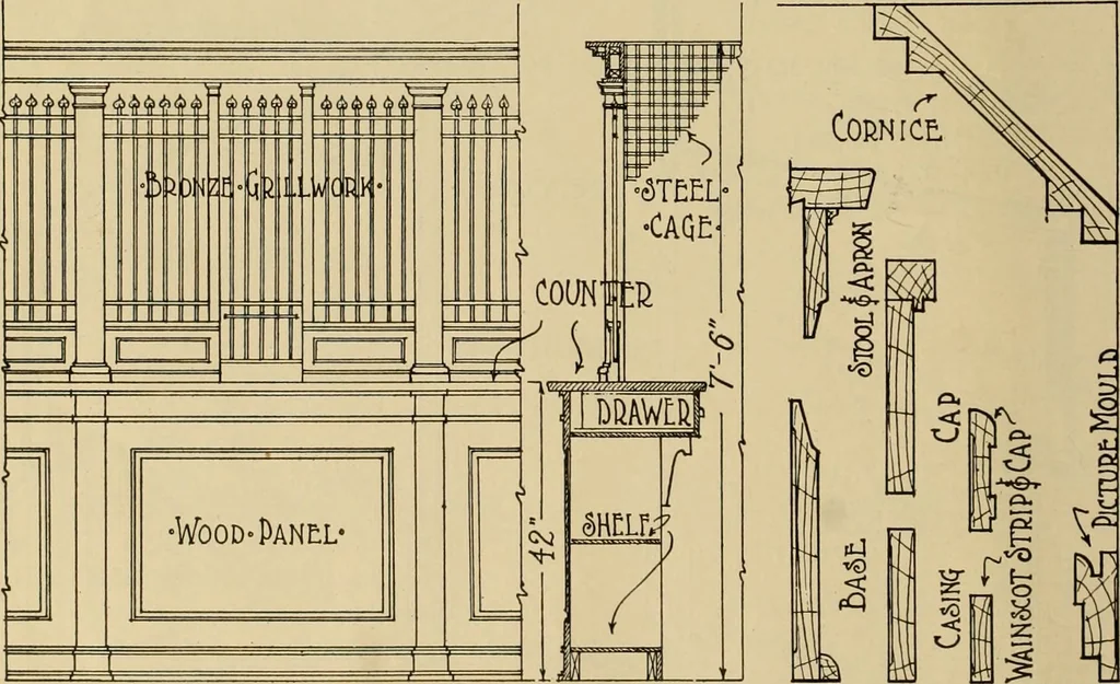 An illustration from Radford’s portfolio of details of building construction; a remarkable and unique collection of full-page plates, accurately drawn and reproduced to exact scale. Complete details for every style of interior trim, including special built-in features., 1911, leaf 123