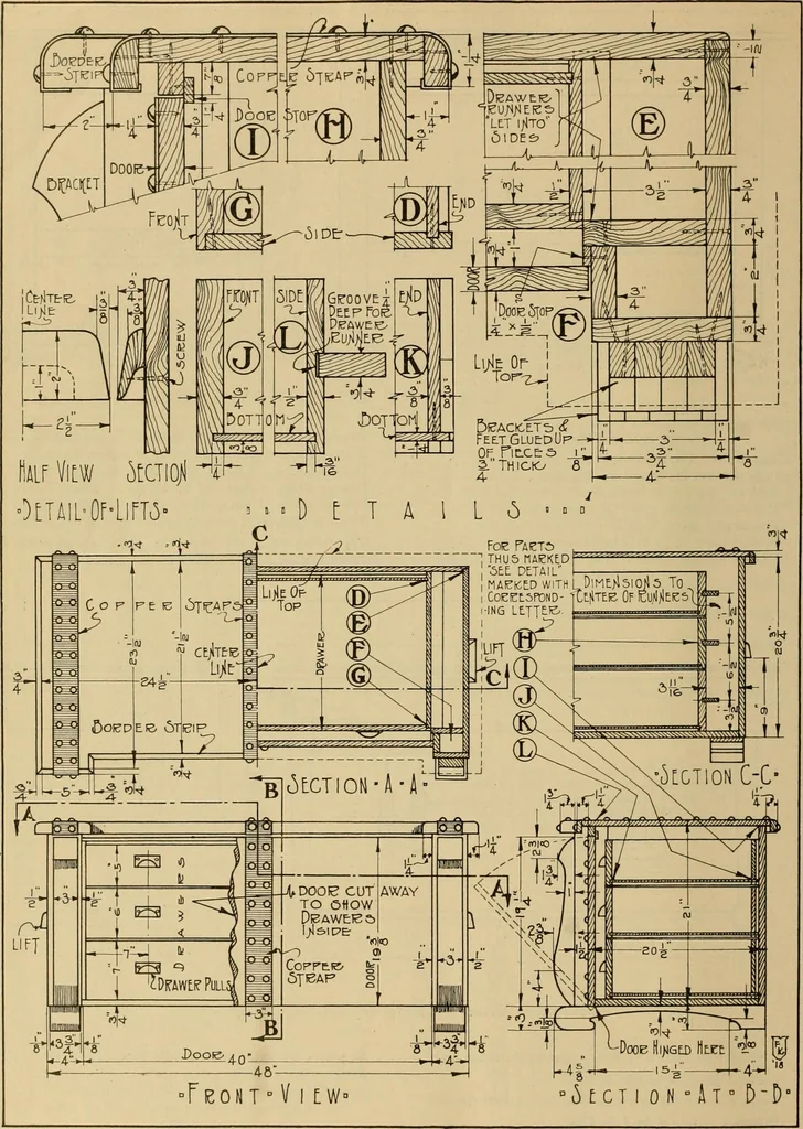 An illustration from Radford’s portfolio of details of building construction; a remarkable and unique collection of full-page plates, accurately drawn and reproduced to exact scale. Complete details for every style of interior trim, including special built-in features., 1911, leaf 163