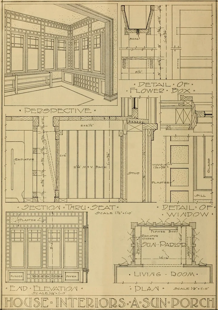 An illustration from Radford’s portfolio of details of building construction; a remarkable and unique collection of full-page plates, accurately drawn and reproduced to exact scale. Complete details for every style of interior trim, including special built-in features., 1911, leaf 37