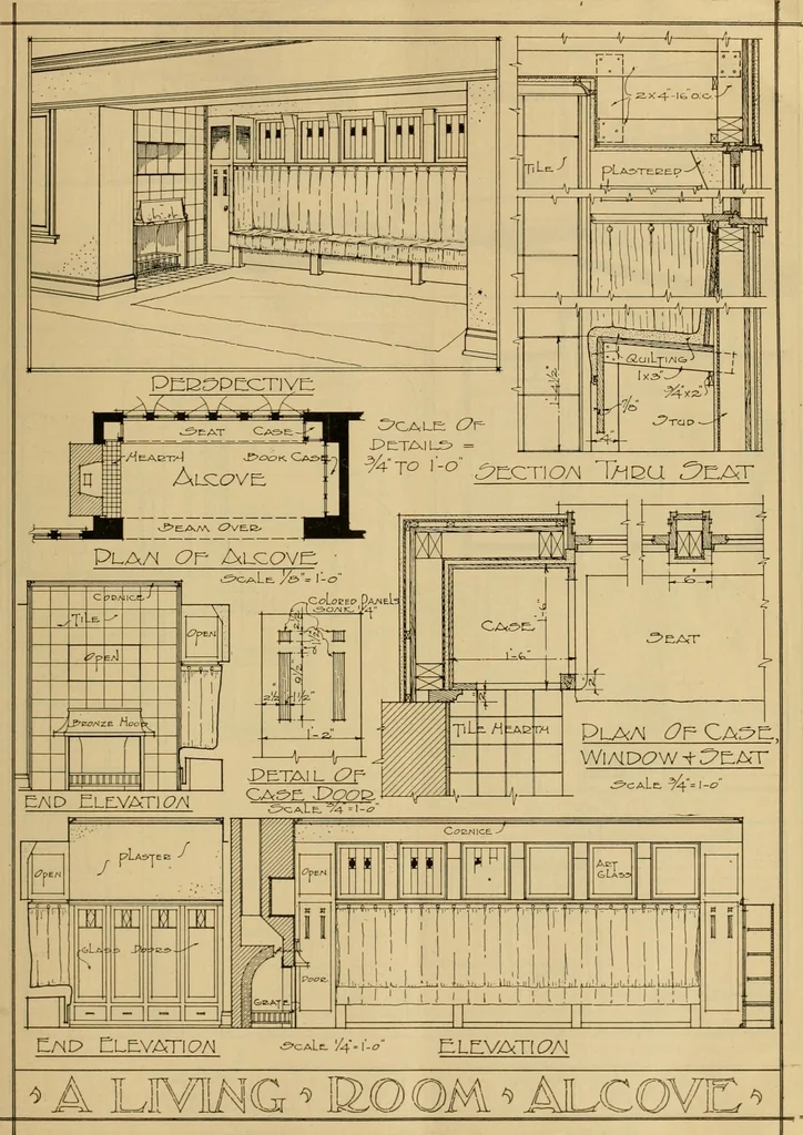 An illustration from Radford’s portfolio of details of building construction; a remarkable and unique collection of full-page plates, accurately drawn and reproduced to exact scale. Complete details for every style of interior trim, including special built-in features., 1911, leaf 38