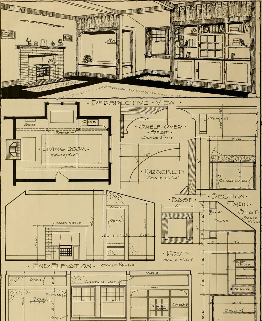 An illustration from Radford’s portfolio of details of building construction; a remarkable and unique collection of full-page plates, accurately drawn and reproduced to exact scale. Complete details for every style of interior trim, including special built-in features., 1911, leaf 39