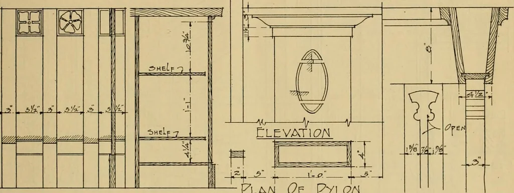 An illustration from Radford’s portfolio of details of building construction; a remarkable and unique collection of full-page plates, accurately drawn and reproduced to exact scale. Complete details for every style of interior trim, including special built-in features., 1911, leaf 40