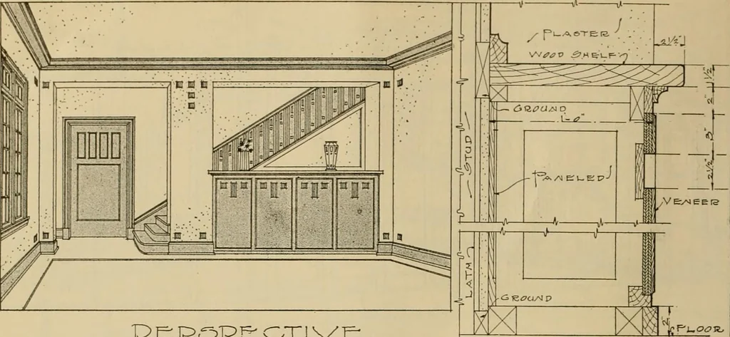 An illustration from Radford’s portfolio of details of building construction; a remarkable and unique collection of full-page plates, accurately drawn and reproduced to exact scale. Complete details for every style of interior trim, including special built-in features., 1911, leaf 41