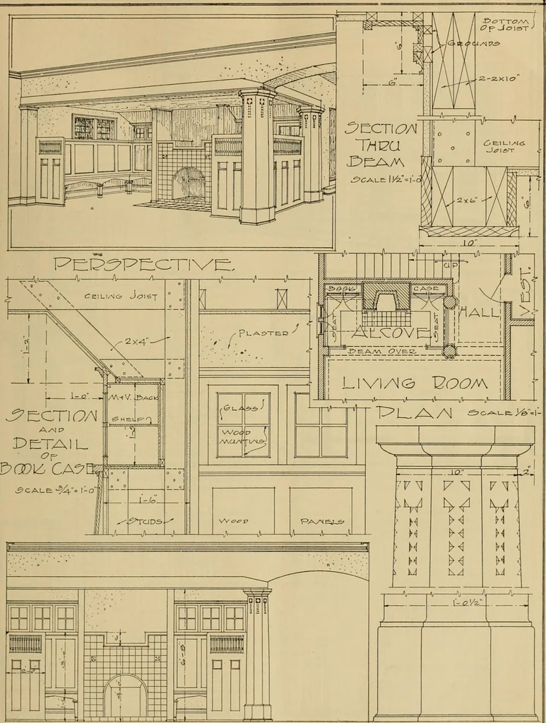 An illustration from Radford’s portfolio of details of building construction; a remarkable and unique collection of full-page plates, accurately drawn and reproduced to exact scale. Complete details for every style of interior trim, including special built-in features., 1911, leaf 42