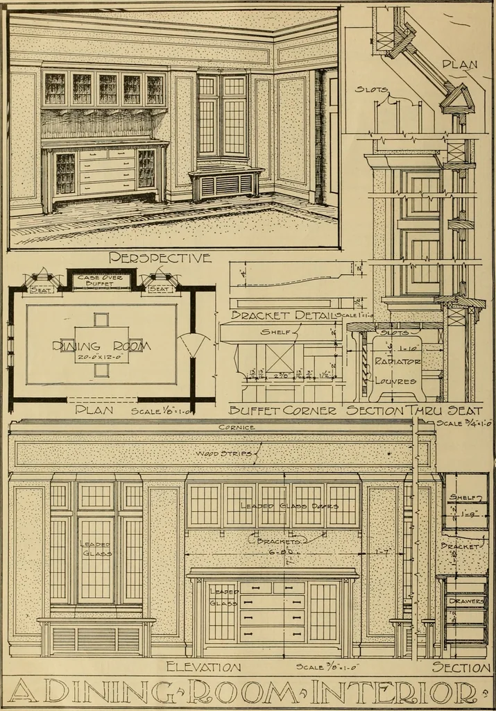 An illustration from Radford’s portfolio of details of building construction; a remarkable and unique collection of full-page plates, accurately drawn and reproduced to exact scale. Complete details for every style of interior trim, including special built-in features., 1911, leaf 43