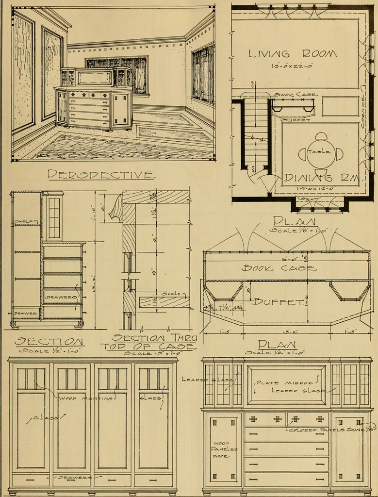 An illustration from Radford’s portfolio of details of building construction; a remarkable and unique collection of full-page plates, accurately drawn and reproduced to exact scale. Complete details for every style of interior trim, including special built-in features., 1911, leaf 44