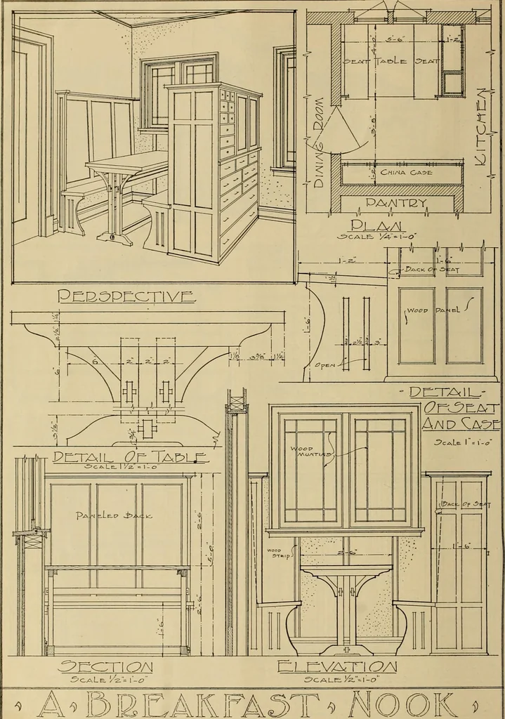 An illustration from Radford’s portfolio of details of building construction; a remarkable and unique collection of full-page plates, accurately drawn and reproduced to exact scale. Complete details for every style of interior trim, including special built-in features., 1911, leaf 45