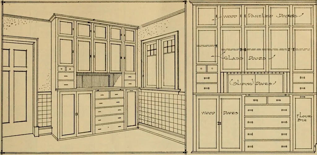An illustration from Radford’s portfolio of details of building construction; a remarkable and unique collection of full-page plates, accurately drawn and reproduced to exact scale. Complete details for every style of interior trim, including special built-in features., 1911, leaf 46