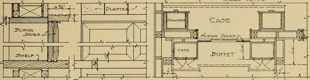 An illustration from Radford’s portfolio of details of building construction; a remarkable and unique collection of full-page plates, accurately drawn and reproduced to exact scale. Complete details for every style of interior trim, including special built-in features., 1911, leaf 46