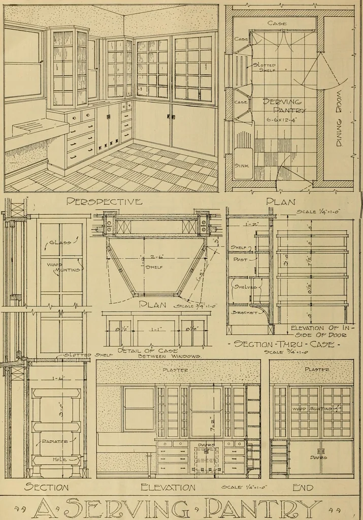 An illustration from Radford’s portfolio of details of building construction; a remarkable and unique collection of full-page plates, accurately drawn and reproduced to exact scale. Complete details for every style of interior trim, including special built-in features., 1911, leaf 47