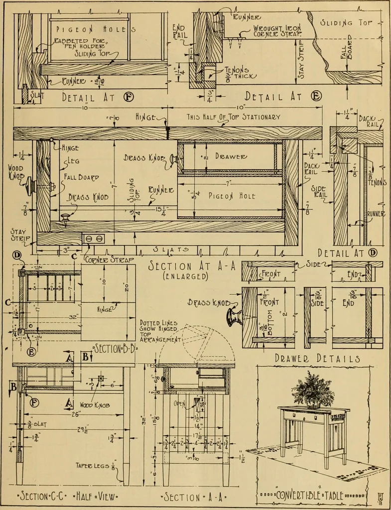 An illustration from Radford’s portfolio of details of building construction; a remarkable and unique collection of full-page plates, accurately drawn and reproduced to exact scale. Complete details for every style of interior trim, including special built-in features., 1911, leaf 48