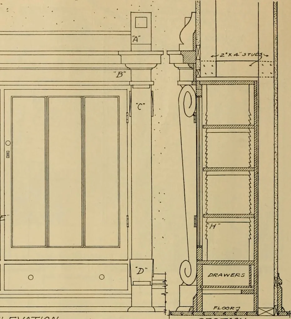 An illustration from Radford’s portfolio of details of building construction; a remarkable and unique collection of full-page plates, accurately drawn and reproduced to exact scale. Complete details for every style of interior trim, including special built-in features., 1911, leaf 55