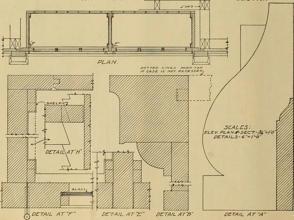 An illustration from Radford’s portfolio of details of building construction; a remarkable and unique collection of full-page plates, accurately drawn and reproduced to exact scale. Complete details for every style of interior trim, including special built-in features., 1911, leaf 55