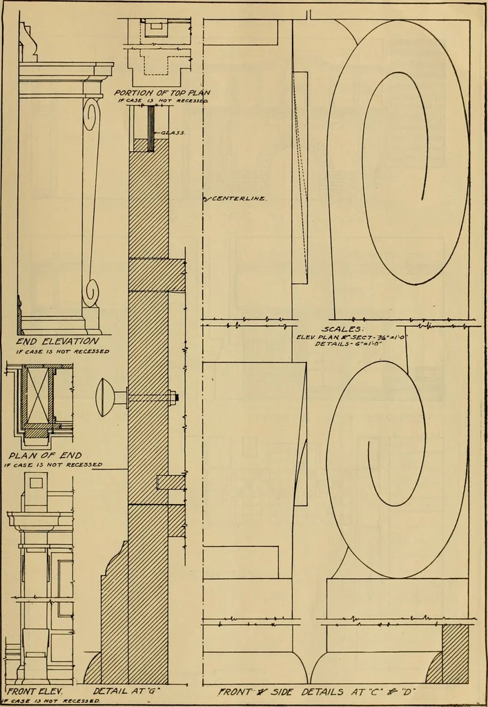 An illustration from Radford’s portfolio of details of building construction; a remarkable and unique collection of full-page plates, accurately drawn and reproduced to exact scale. Complete details for every style of interior trim, including special built-in features., 1911, leaf 56