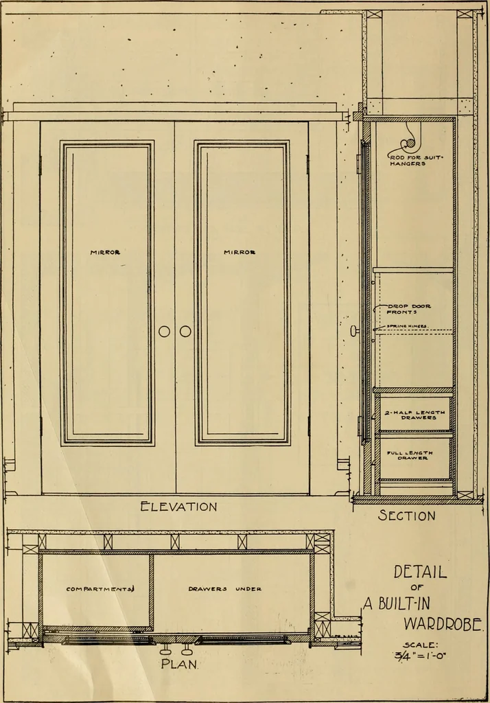 An illustration from Radford’s portfolio of details of building construction; a remarkable and unique collection of full-page plates, accurately drawn and reproduced to exact scale. Complete details for every style of interior trim, including special built-in features., 1911, leaf 59