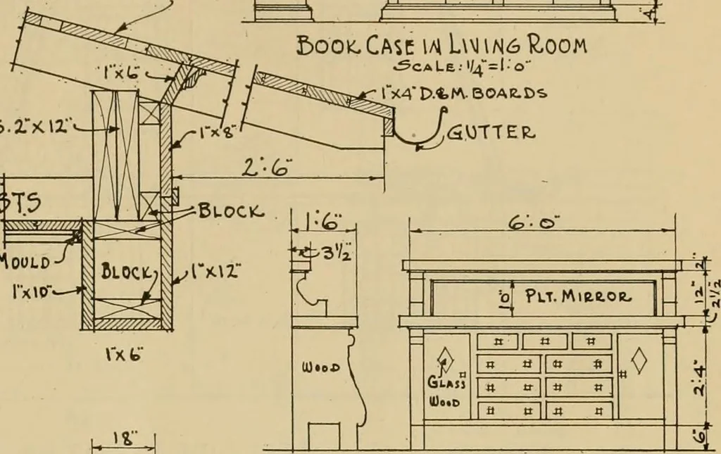 An illustration from Radford’s portfolio of details of building construction; a remarkable and unique collection of full-page plates, accurately drawn and reproduced to exact scale. Complete details for every style of interior trim, including special built-in features., 1911, leaf 66