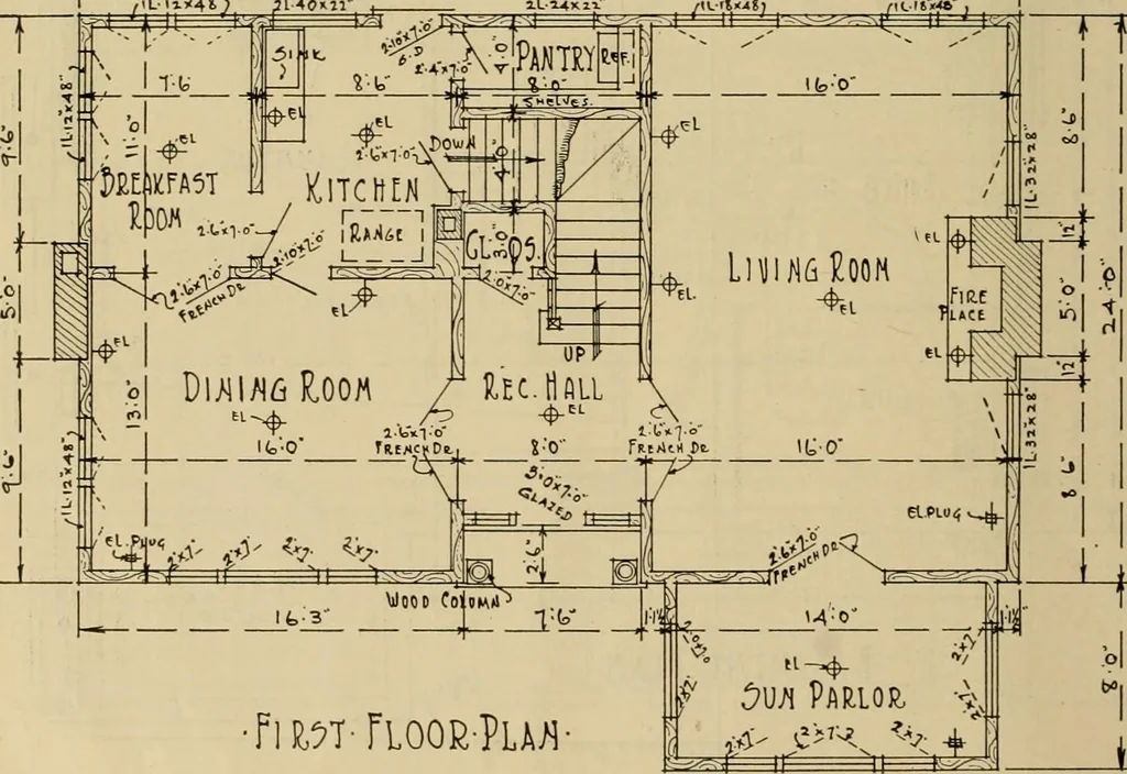 An illustration from Radford’s portfolio of details of building construction; a remarkable and unique collection of full-page plates, accurately drawn and reproduced to exact scale. Complete details for every style of interior trim, including special built-in features., 1911, leaf 69