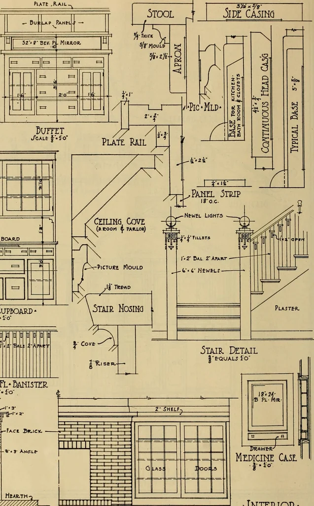 An illustration from Radford’s portfolio of details of building construction; a remarkable and unique collection of full-page plates, accurately drawn and reproduced to exact scale. Complete details for every style of interior trim, including special built-in features., 1911, leaf 71