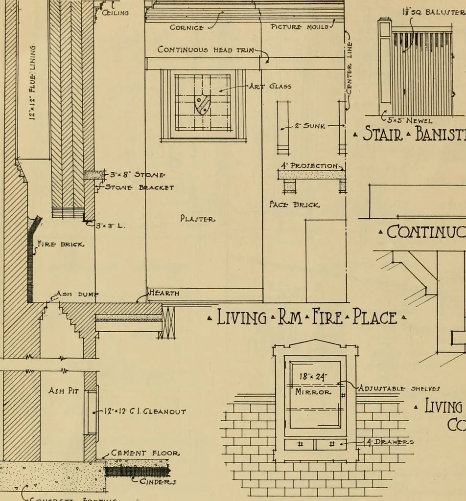An illustration from Radford’s portfolio of details of building construction; a remarkable and unique collection of full-page plates, accurately drawn and reproduced to exact scale. Complete details for every style of interior trim, including special built-in features., 1911, leaf 73