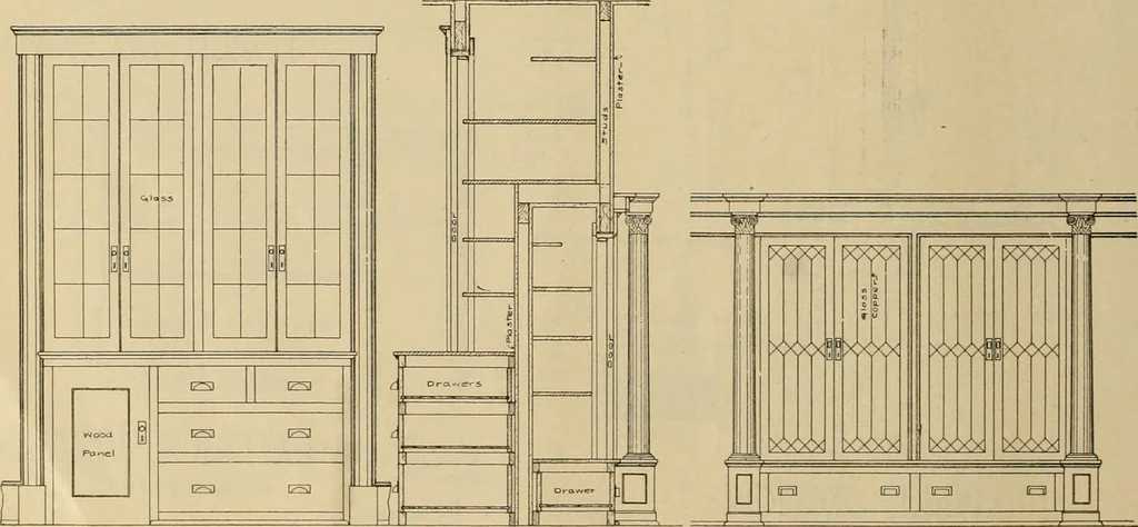 An illustration from Radford’s portfolio of details of building construction; a remarkable and unique collection of full-page plates, accurately drawn and reproduced to exact scale. Complete details for every style of interior trim, including special built-in features., 1911, leaf 75