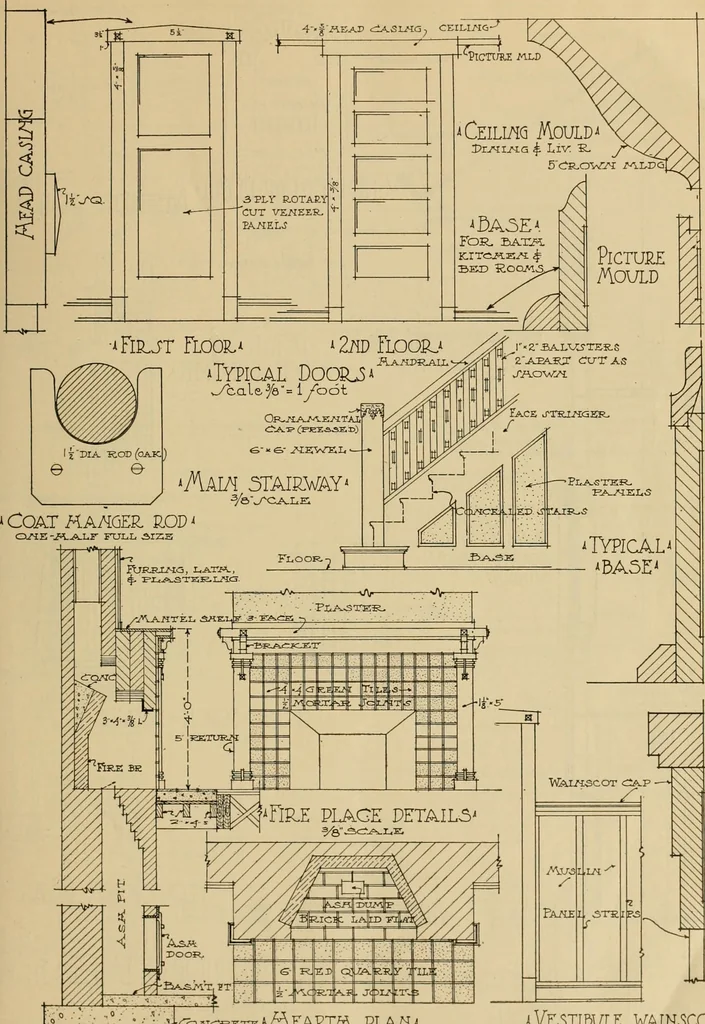 An illustration from Radford’s portfolio of details of building construction; a remarkable and unique collection of full-page plates, accurately drawn and reproduced to exact scale. Complete details for every style of interior trim, including special built-in features., 1911, leaf 76