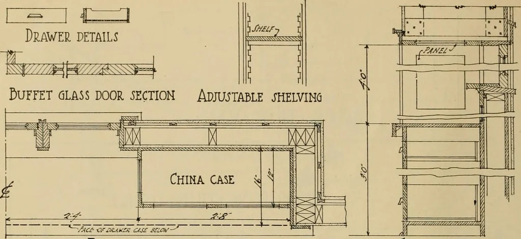 An illustration from Radford’s portfolio of details of building construction; a remarkable and unique collection of full-page plates, accurately drawn and reproduced to exact scale. Complete details for every style of interior trim, including special built-in features., 1911, leaf 79