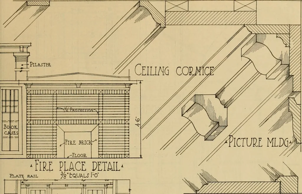 An illustration from Radford’s portfolio of details of building construction; a remarkable and unique collection of full-page plates, accurately drawn and reproduced to exact scale. Complete details for every style of interior trim, including special built-in features., 1911, leaf 84