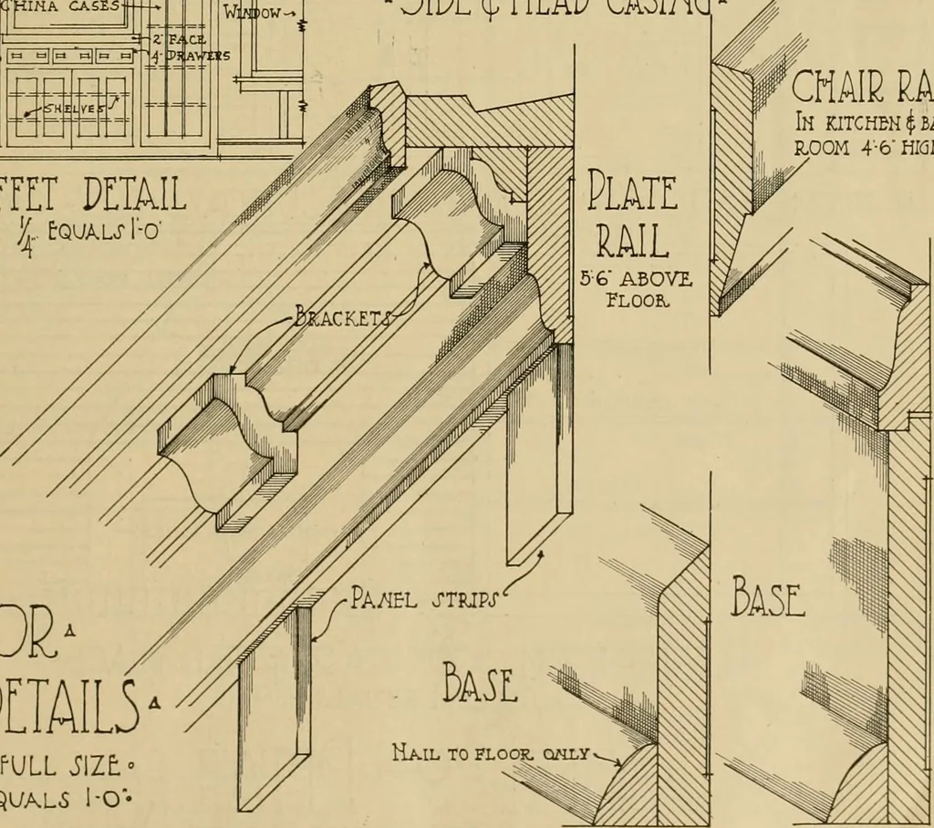 An illustration from Radford’s portfolio of details of building construction; a remarkable and unique collection of full-page plates, accurately drawn and reproduced to exact scale. Complete details for every style of interior trim, including special built-in features., 1911, leaf 84