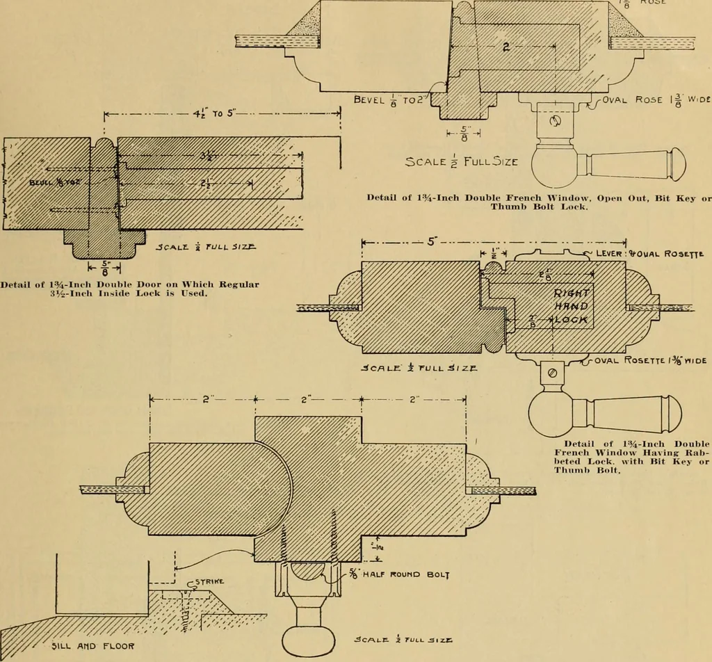 An illustration from Radford’s portfolio of details of building construction; a remarkable and unique collection of full-page plates, accurately drawn and reproduced to exact scale. Complete details for every style of interior trim, including special built-in features., 1911, leaf 90