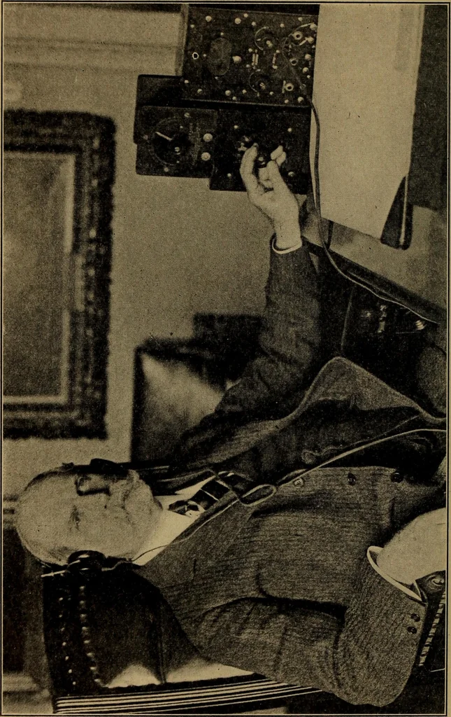 An illustration from Radio, miracle of the 20th century ... a story of human achievement that stands unrivalled in the history of humanity, together with a colorful portrayal, giving a broad, general view of the whole subject of wireless telegraph and telephone and its marvelous development, 1922, leaf 33