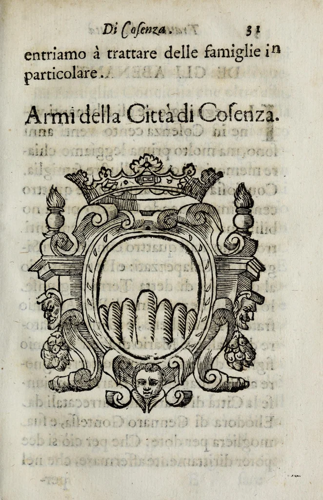 An illustration from Ragguaglio di Cosenza e di trent'una sue nobili famiglie, 1639, leaf 43