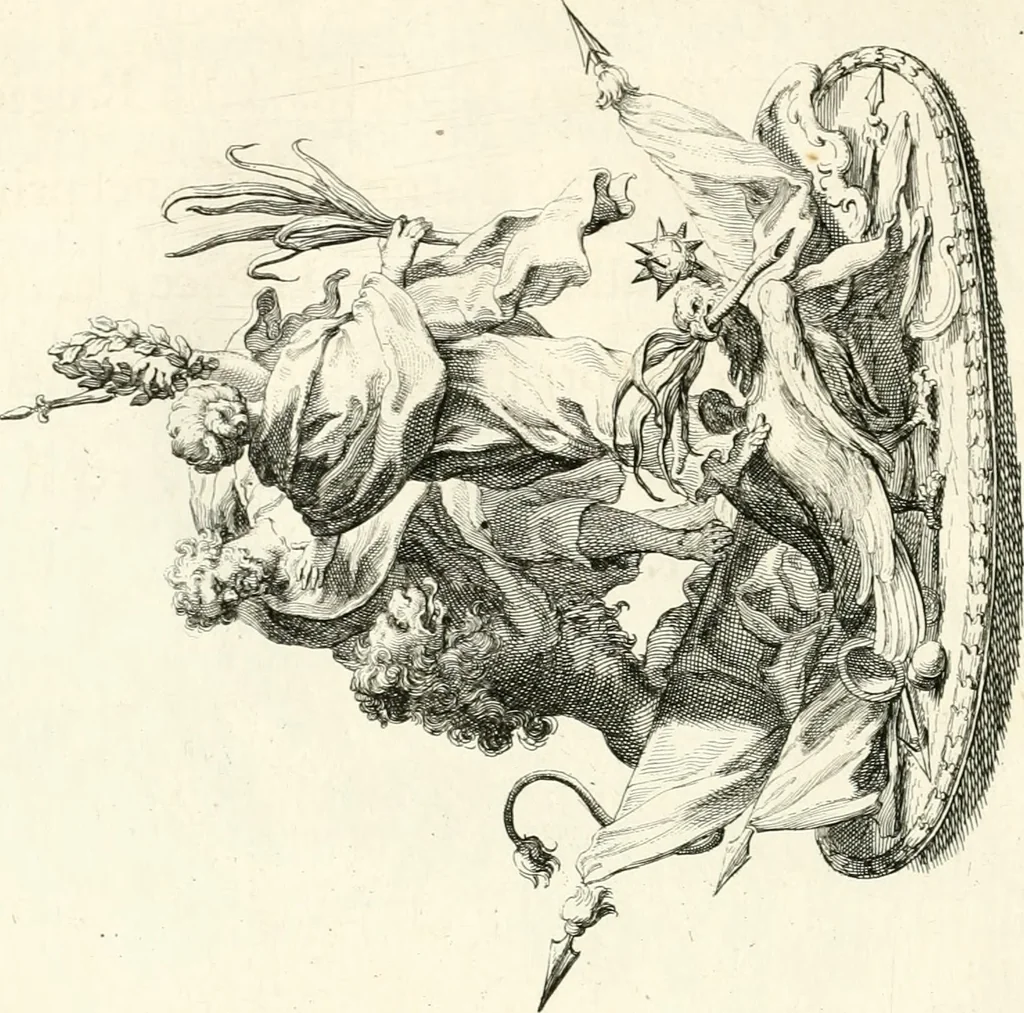 An illustration from Raggvaglio della solenne comparsa, fatta in Roma gli otto di gennaio MDCLXXXVII. dall'illvstrissimo, et eccellentissimo signor conte di Castelmaine ambasciadore straordinario della Sagra Real Maestà di Giacomo Secondo rè d'Inghilterra, Scozia, Francia, et Ibernia, difensore della fede alla Santa Sede Apostolica, in andare pvblicamente all'vdienza della Santità di Nostro Signore Papa Innocenzo Vndecimo, 1687, leaf 101