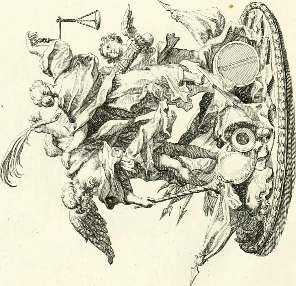 An illustration from Raggvaglio della solenne comparsa, fatta in Roma gli otto di gennaio MDCLXXXVII. dall'illvstrissimo, et eccellentissimo signor conte di Castelmaine ambasciadore straordinario della Sagra Real Maestà di Giacomo Secondo rè d'Inghilterra, Scozia, Francia, et Ibernia, difensore della fede alla Santa Sede Apostolica, in andare pvblicamente all'vdienza della Santità di Nostro Signore Papa Innocenzo Vndecimo, 1687, leaf 101
