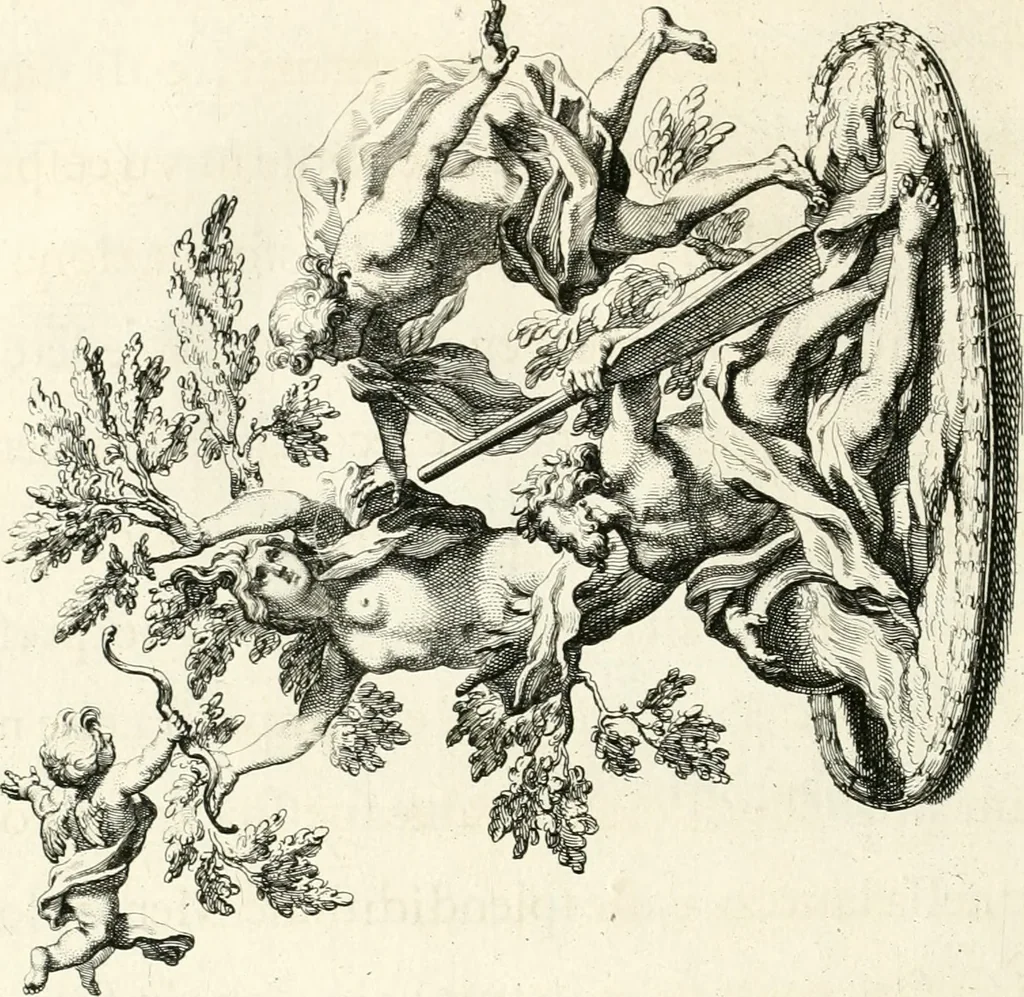 An illustration from Raggvaglio della solenne comparsa, fatta in Roma gli otto di gennaio MDCLXXXVII. dall'illvstrissimo, et eccellentissimo signor conte di Castelmaine ambasciadore straordinario della Sagra Real Maestà di Giacomo Secondo rè d'Inghilterra, Scozia, Francia, et Ibernia, difensore della fede alla Santa Sede Apostolica, in andare pvblicamente all'vdienza della Santità di Nostro Signore Papa Innocenzo Vndecimo, 1687, leaf 105